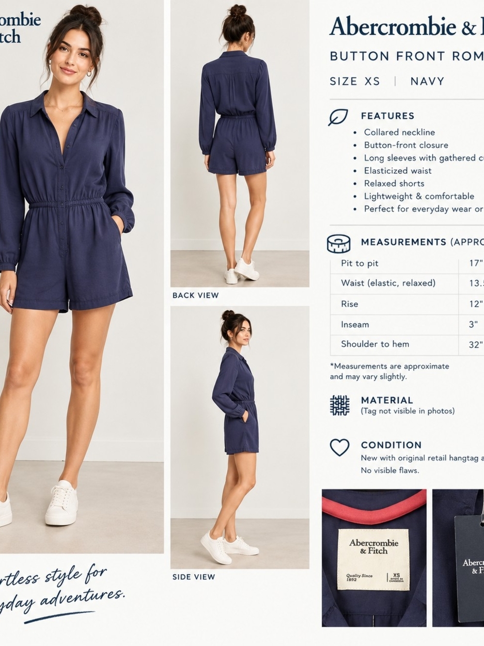Abercrombie & Fitch Navy Long-Sleeve Button Romper